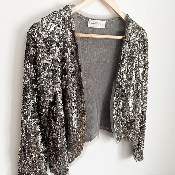 Abercrombie & Fitch gunmetal silver sequin open front bolero crop cardigan - Picture 9 of 9